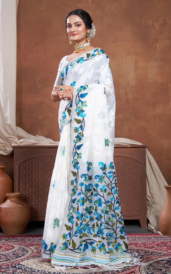 Meenakari_Inspired_Traditional_Woven_Floral_Nakshi_Soft_Jamdani_Saree_In_White_Blue_Green_And_Multicolor