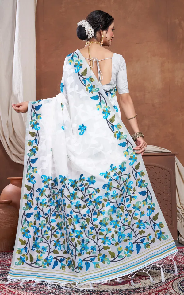 Meenakari_Inspired_Traditional_Woven_Floral_Nakshi_Soft_Jamdani_Saree_In_White_Blue_Green_And_Multicolor