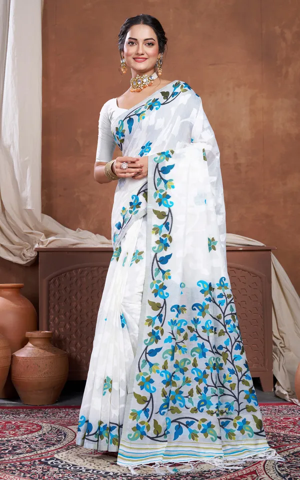 Meenakari_Inspired_Traditional_Woven_Floral_Nakshi_Soft_Jamdani_Saree_In_White_Blue_Green_And_Multicolor