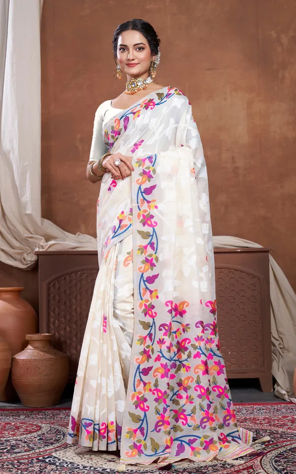 Meenakari_Inspired_Traditional_Woven_Floral_Nakshi_Soft_Jamdani_Saree_In_Cream_Off_White_And_Multicolor