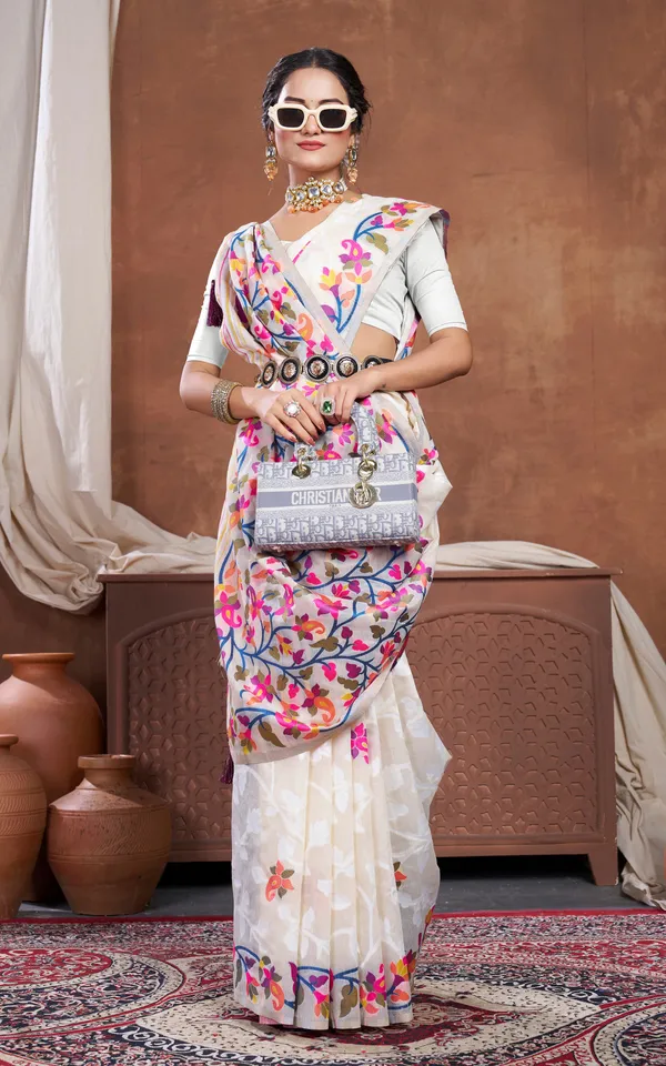 Meenakari_Inspired_Traditional_Woven_Floral_Nakshi_Soft_Jamdani_Saree_In_Cream_Off_White_And_Multicolor