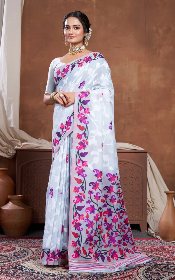 Meenakari_Inspired_Traditional_Woven_Floral_Nakshi_Soft_Jamdani_Saree_In_Light_Gray_Off_White_And_Multicolor