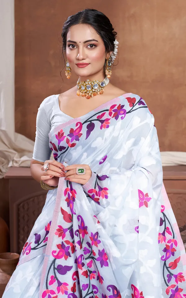 Meenakari_Inspired_Traditional_Woven_Floral_Nakshi_Soft_Jamdani_Saree_In_Light_Gray_Off_White_And_Multicolor