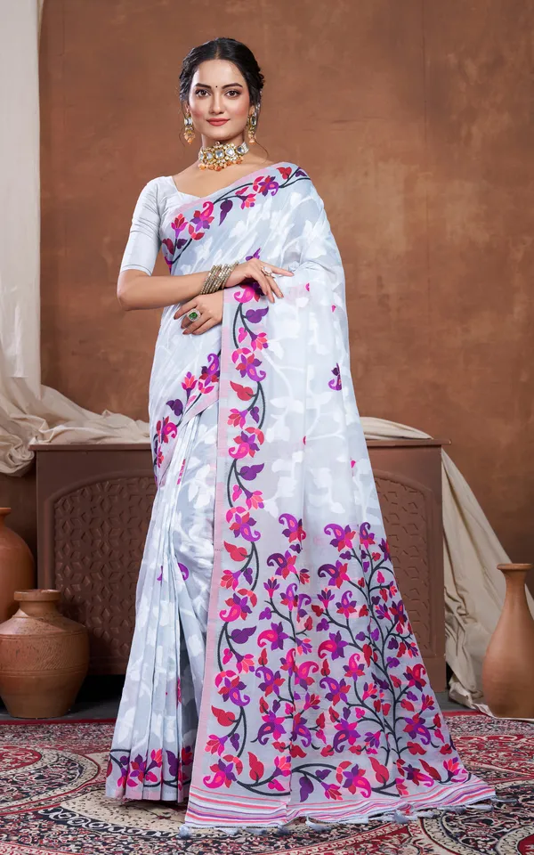 Meenakari_Inspired_Traditional_Woven_Floral_Nakshi_Soft_Jamdani_Saree_In_Light_Gray_Off_White_And_Multicolor