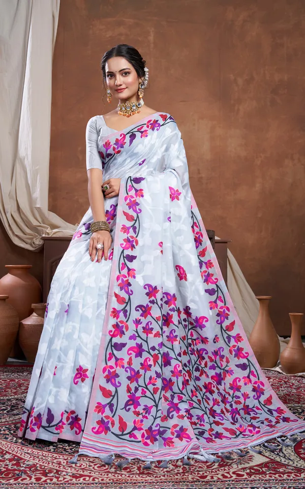 Meenakari_Inspired_Traditional_Woven_Floral_Nakshi_Soft_Jamdani_Saree_In_Light_Gray_Off_White_And_Multicolor