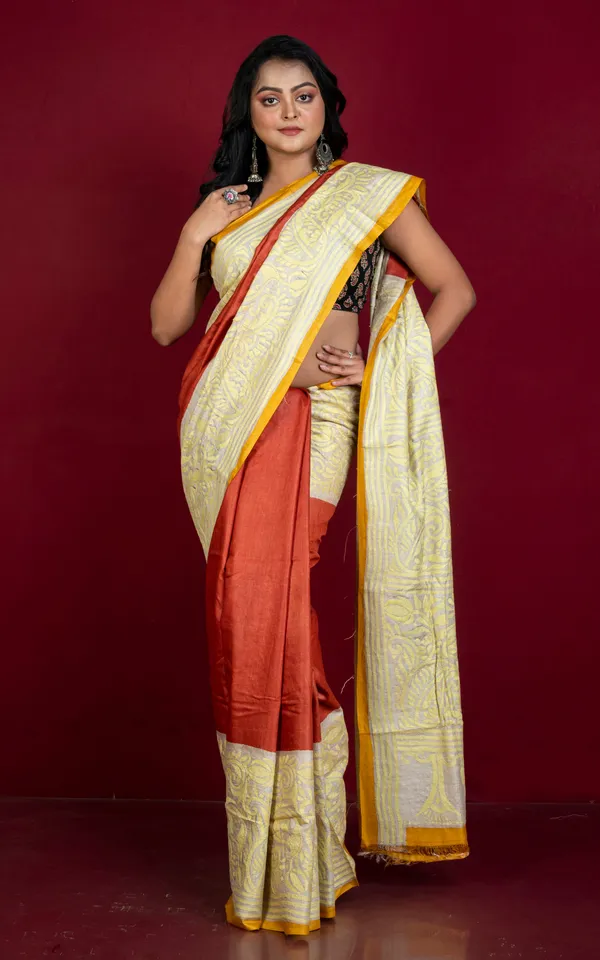 Tie_Dye_Gachi_Tussar_Silk_Hand_Embroidery_Kantha_Stitch_Saree_In_Rust_Brown_Beige_With_Mustard_Golden_Selvage_And_Parmesan_Thread_Work