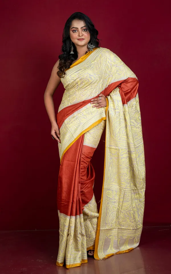 Tie_Dye_Gachi_Tussar_Silk_Hand_Embroidery_Kantha_Stitch_Saree_In_Rust_Brown_Beige_With_Mustard_Golden_Selvage_And_Parmesan_Thread_Work
