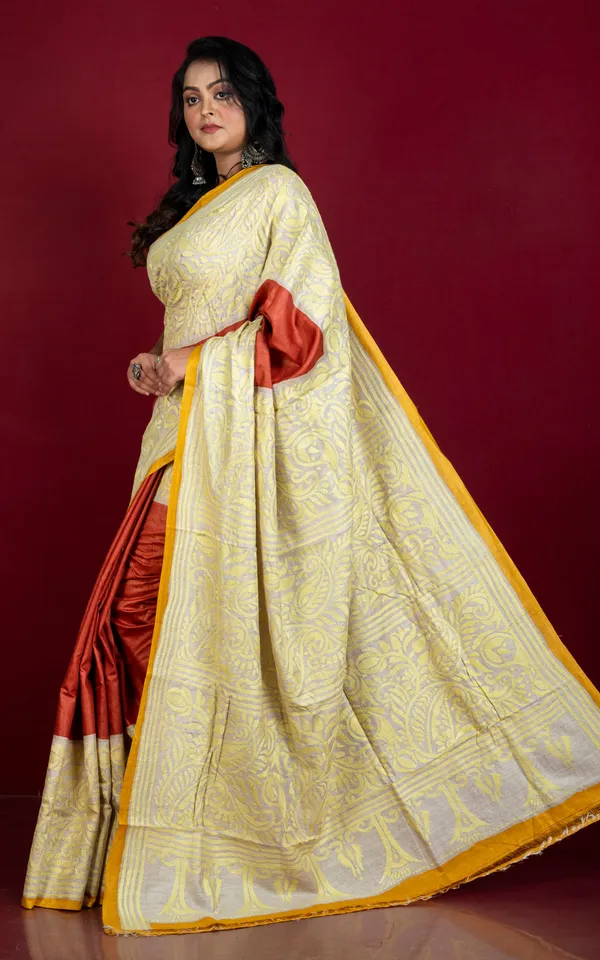 Tie_Dye_Gachi_Tussar_Silk_Hand_Embroidery_Kantha_Stitch_Saree_In_Rust_Brown_Beige_With_Mustard_Golden_Selvage_And_Parmesan_Thread_Work