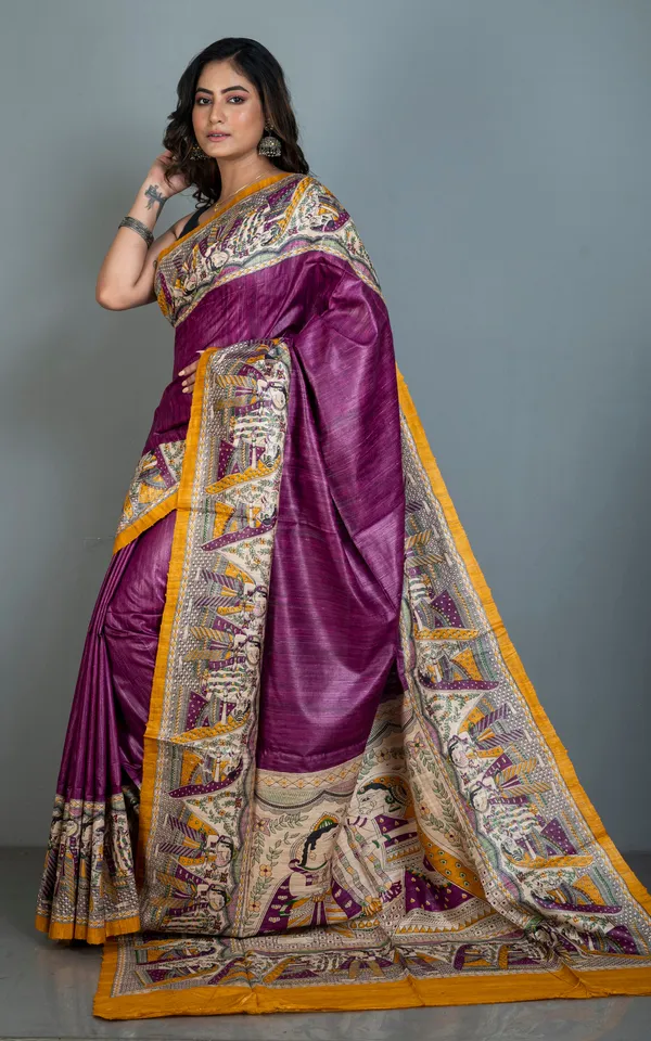 Traditional_Tussar_Ghicha_Kalamkari_Saree_In_Purple_Amber_Yellow_Green_Beige_And_Black