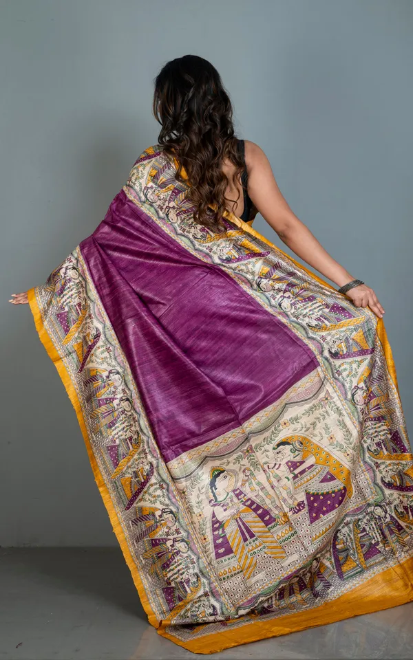 Traditional_Tussar_Ghicha_Kalamkari_Saree_In_Purple_Amber_Yellow_Green_Beige_And_Black