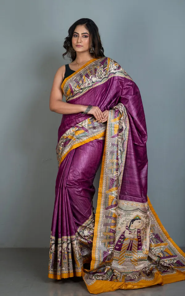 Traditional_Tussar_Ghicha_Kalamkari_Saree_In_Purple_Amber_Yellow_Green_Beige_And_Black