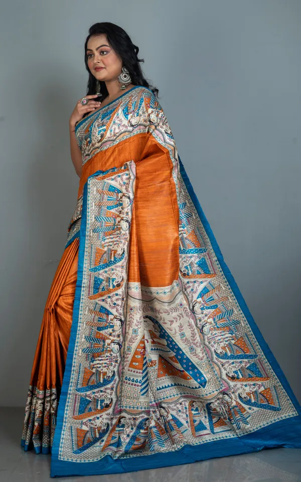 Traditional_Tussar_Ghicha_Kalamkari_Saree_In_Rusty_Orange_Blue_Hot_Pink_Beige_And_Black