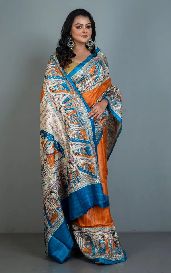 Traditional_Tussar_Ghicha_Kalamkari_Saree_In_Rusty_Orange_Blue_Hot_Pink_Beige_And_Black