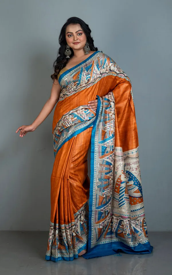 Traditional_Tussar_Ghicha_Kalamkari_Saree_In_Rusty_Orange_Blue_Hot_Pink_Beige_And_Black