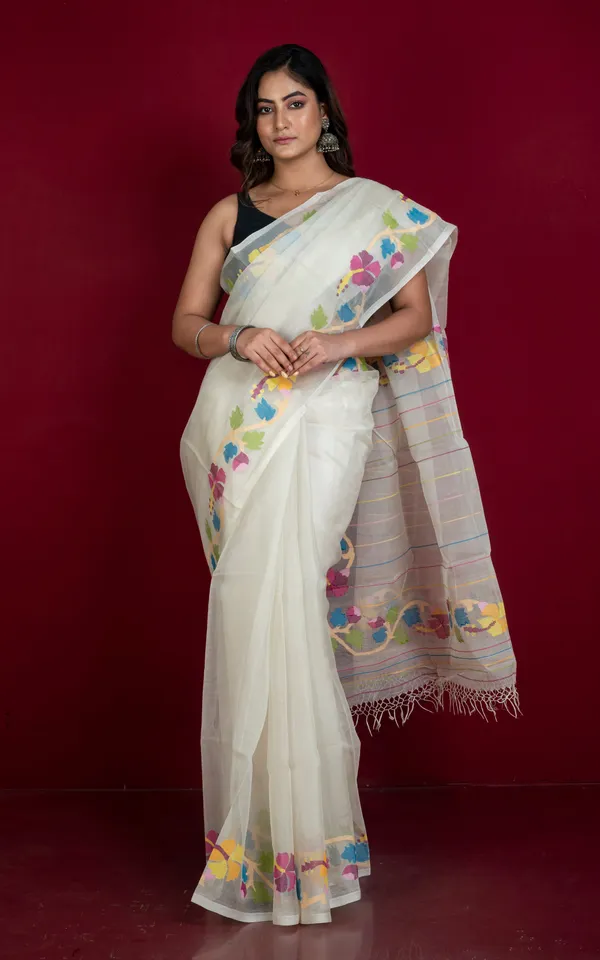 Premium_Quality_Multi_Meenakari_Woven_Nakshi_Work_Silk_Jamdani_Saree_In_Antique_White_And_Multicolor