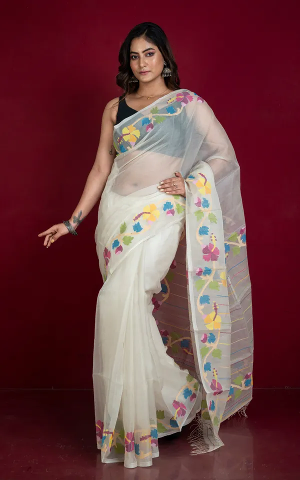 Premium_Quality_Multi_Meenakari_Woven_Nakshi_Work_Silk_Jamdani_Saree_In_Antique_White_And_Multicolor