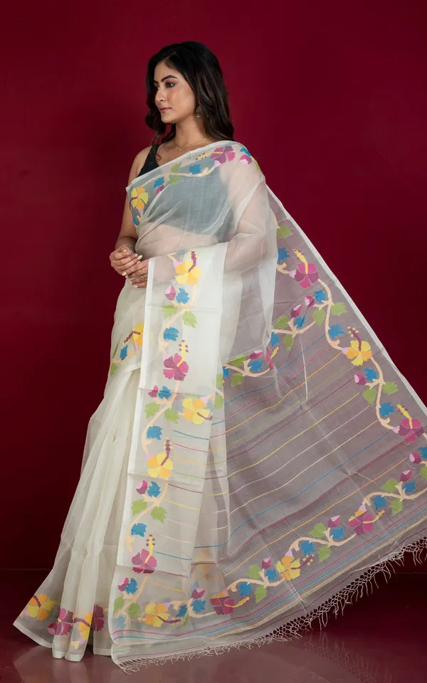 Premium_Quality_Multi_Meenakari_Woven_Nakshi_Work_Silk_Jamdani_Saree_In_Antique_White_And_Multicolor