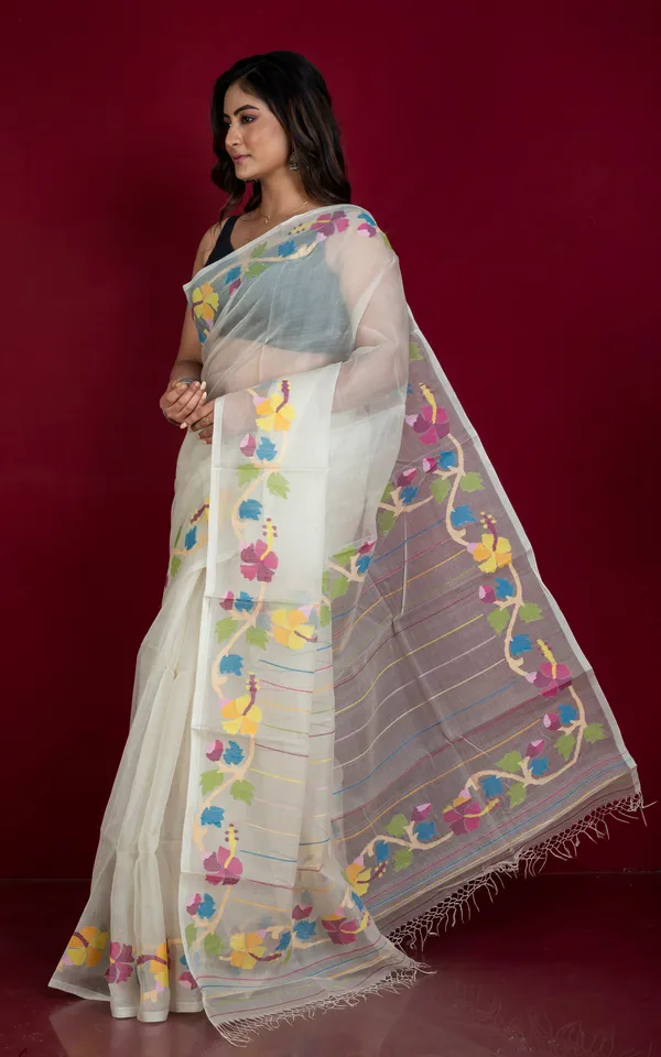 Premium_Quality_Multi_Meenakari_Woven_Nakshi_Work_Silk_Jamdani_Saree_In_Antique_White_And_Multicolor