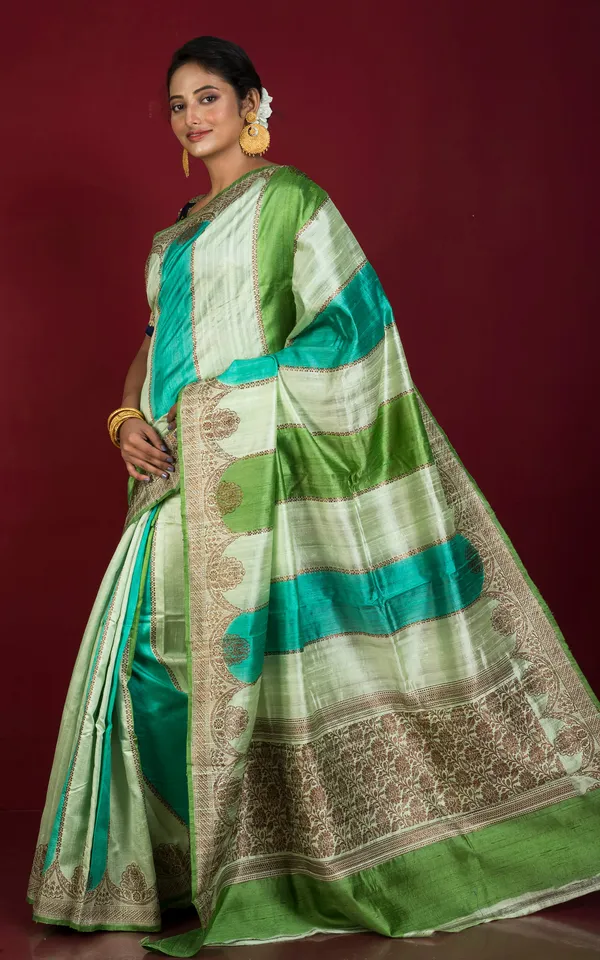Hand_Woven_Rangkart_Dupion_Tussar_Raw_Silk_Saree_In_Multi_Shades_Of_Green_And_Antique_Golden