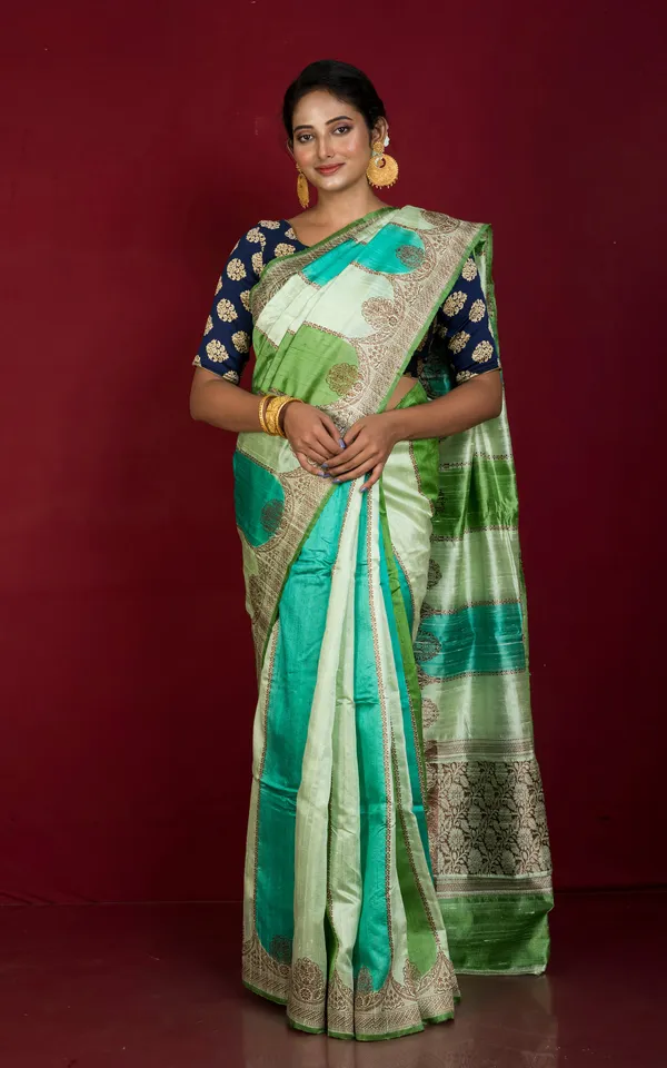 Hand_Woven_Rangkart_Dupion_Tussar_Raw_Silk_Saree_In_Multi_Shades_Of_Green_And_Antique_Golden