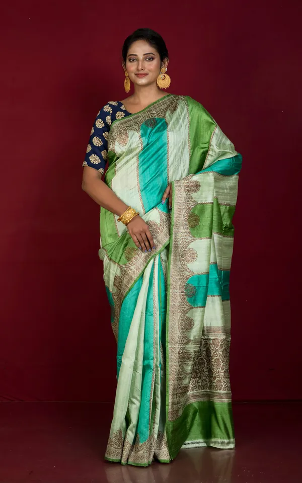 Hand_Woven_Rangkart_Dupion_Tussar_Raw_Silk_Saree_In_Multi_Shades_Of_Green_And_Antique_Golden