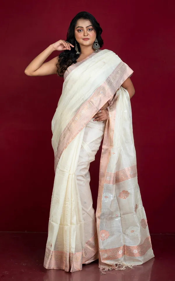 Premium_Quality_Tussar_Silk_Bomkai_Saree_In_Cream_With_Copper_And_Silver_Zari_Nakshi_Work
