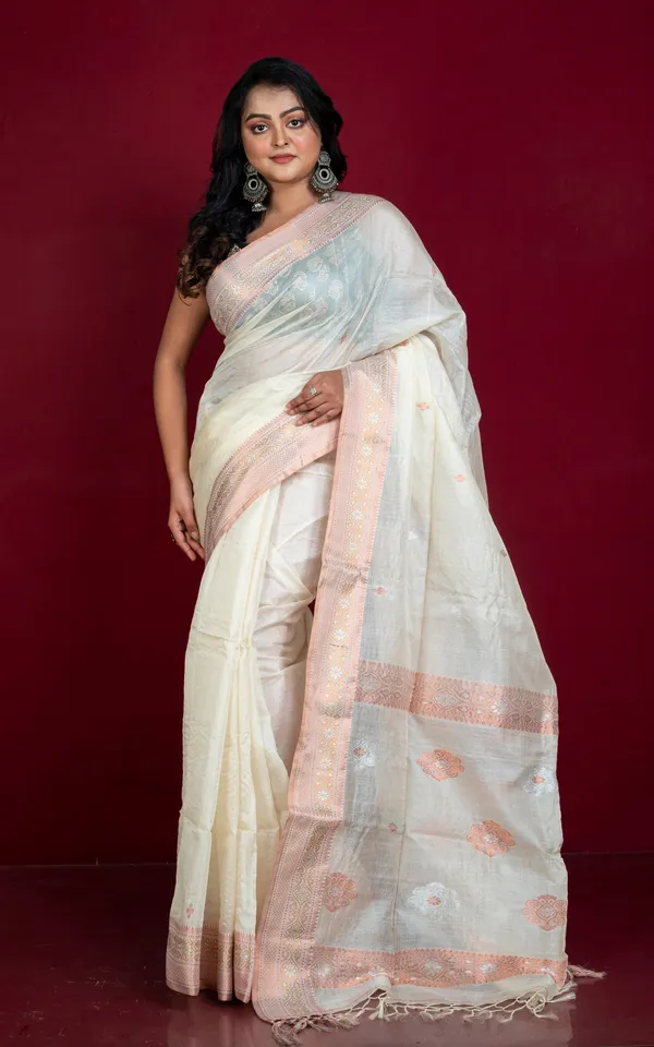 Premium_Quality_Tussar_Silk_Bomkai_Saree_In_Cream_With_Copper_And_Silver_Zari_Nakshi_Work