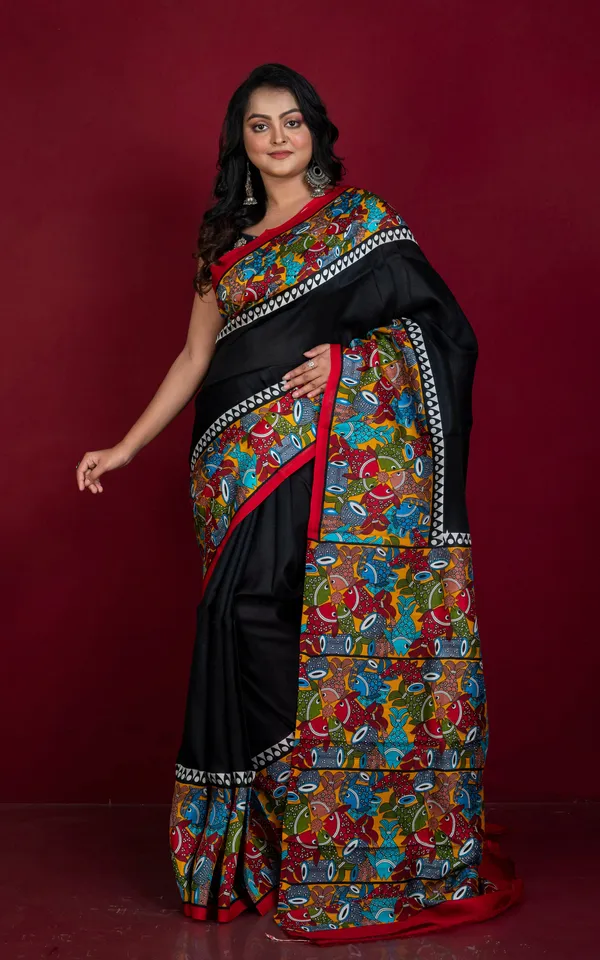 Hand_Woven_Soft_Printed_Pure_Silk_Saree_In_Black_Off_White_And_Multicolor