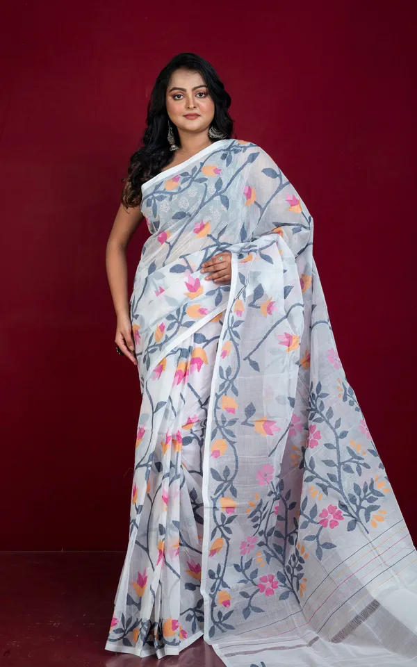 Bengal_S_Pride_Premium_Hand_Woven_Jangla_Jaal_Work_Cotton_Dhakai_Jamdani_Saree_In_Off_White_Black_Amber_Taffy_Pink_And_Hot_Pink_Thread_Work