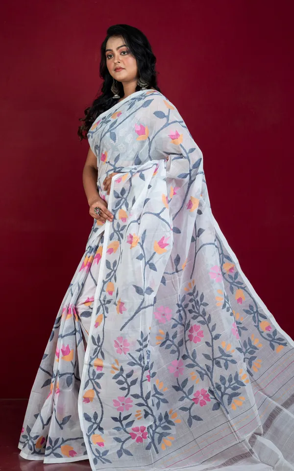 Bengal_S_Pride_Premium_Hand_Woven_Jangla_Jaal_Work_Cotton_Dhakai_Jamdani_Saree_In_Off_White_Black_Amber_Taffy_Pink_And_Hot_Pink_Thread_Work