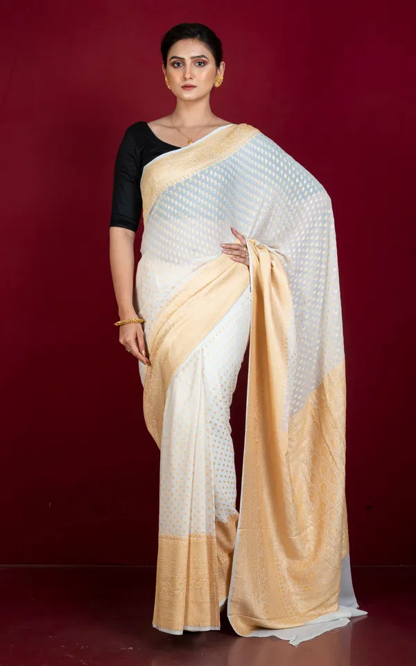 Hand_Woven_Nakshi_Skirt_Border_Khaddi_Georgette_Banarasi_Saree_In_Off_White_And_Muted_Gold