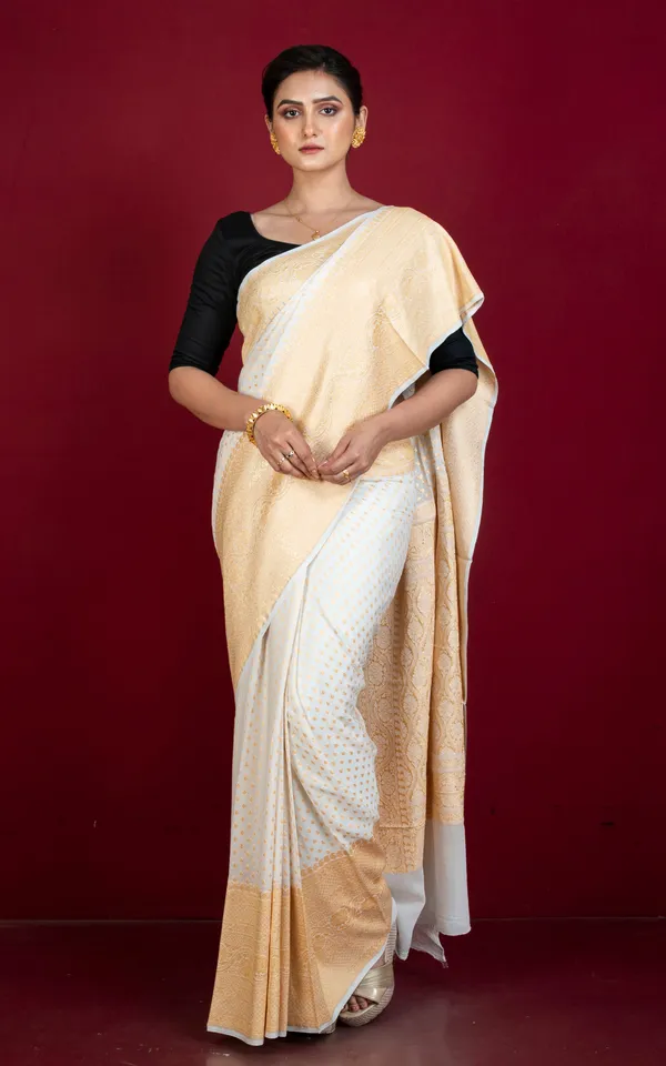 Hand_Woven_Nakshi_Skirt_Border_Khaddi_Georgette_Banarasi_Saree_In_Off_White_And_Muted_Gold
