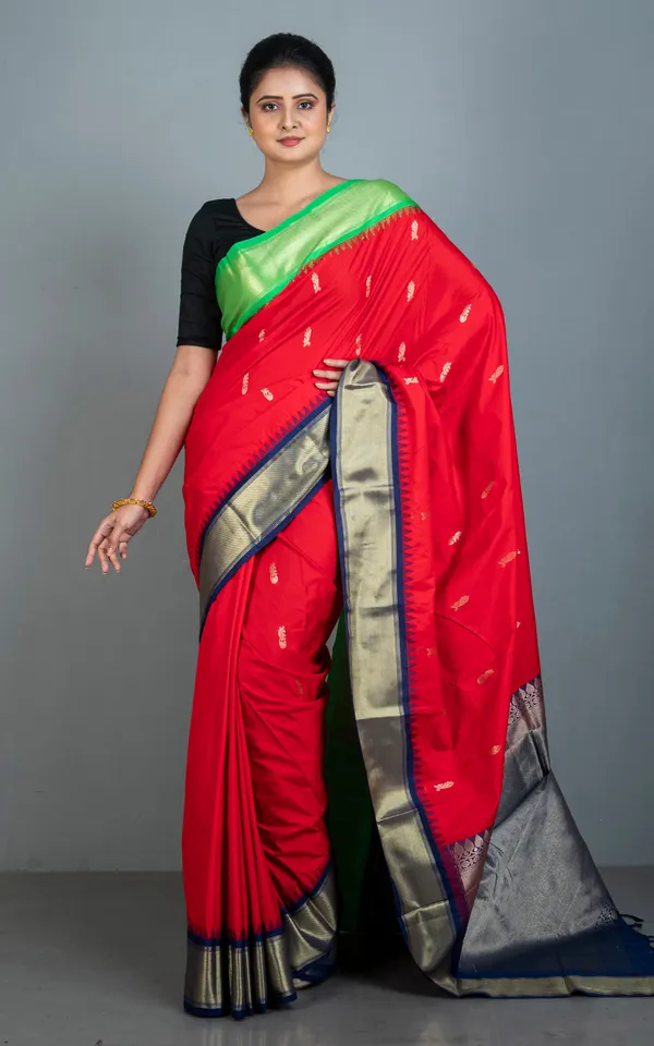 Blended_Gadwal_Silk_Saree_In_Red_Spring_Green_And_Navy_Blue