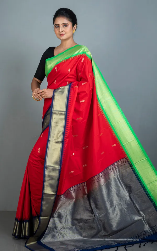 Blended_Gadwal_Silk_Saree_In_Red_Spring_Green_And_Navy_Blue