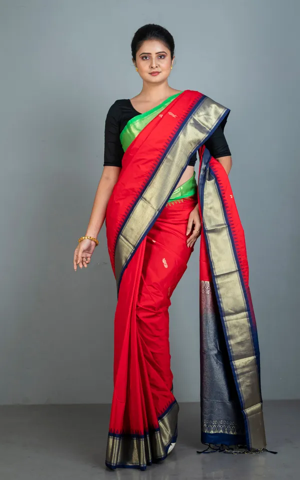 Blended_Gadwal_Silk_Saree_In_Red_Spring_Green_And_Navy_Blue