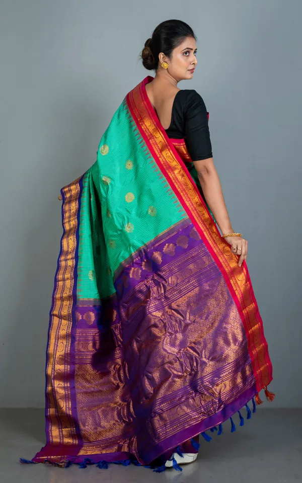 Exclusive_Woven_Ganga_Jamuna_Border_Checks_Gadwal_Silk_Saree_In_Sea_Green_Purple_Red_And_Golden_Zari_Weave