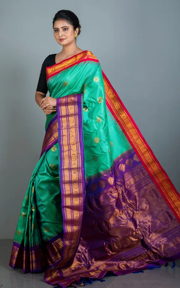 Exclusive_Woven_Ganga_Jamuna_Border_Checks_Gadwal_Silk_Saree_In_Sea_Green_Purple_Red_And_Golden_Zari_Weave