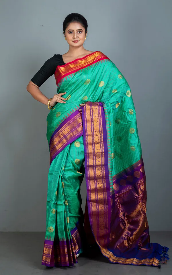 Exclusive_Woven_Ganga_Jamuna_Border_Checks_Gadwal_Silk_Saree_In_Sea_Green_Purple_Red_And_Golden_Zari_Weave