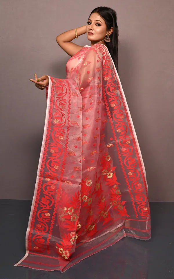 Soft_Muslin_Silk_Jamdani_Saree_In_Red_And_Off_White_With_Golden_And_Copper_Zari_Nakshi_Work