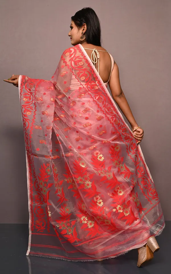 Soft_Muslin_Silk_Jamdani_Saree_In_Red_And_Off_White_With_Golden_And_Copper_Zari_Nakshi_Work
