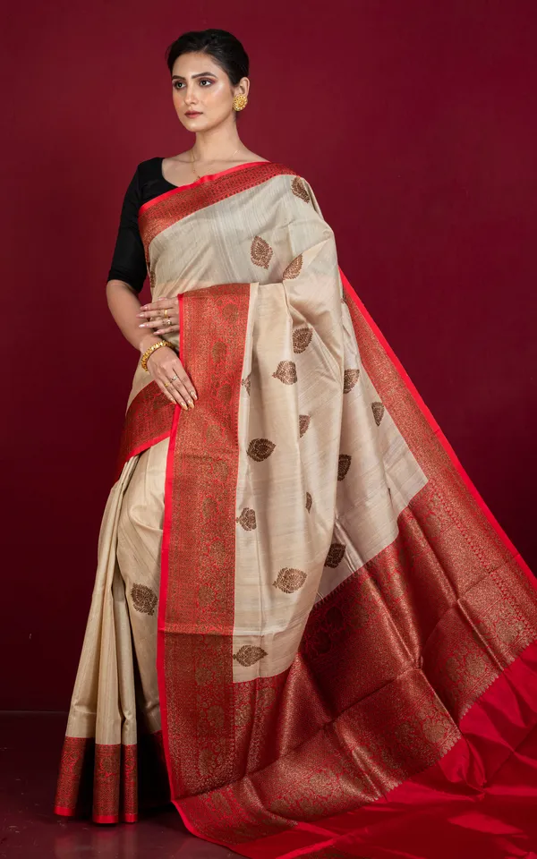 Premium_Quality_Tussar_Banarasi_Silk_Saree_In_Beige_And_Red