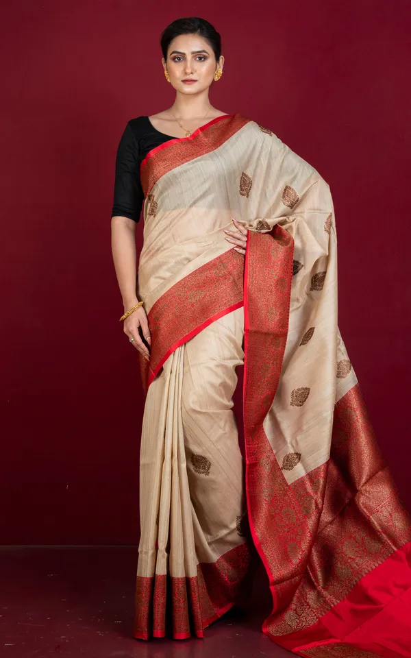 Premium_Quality_Tussar_Banarasi_Silk_Saree_In_Beige_And_Red