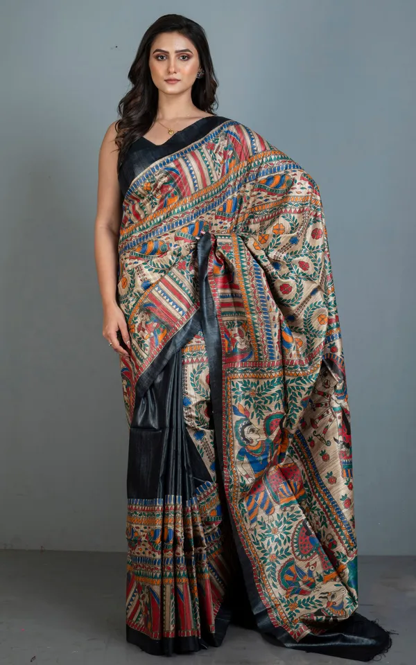 Premium_Quality_Hand_Paint_Madhubani_On_Natural_Ghicha_Tussar_Silk_Saree_In_Black_Natural_Beige_And_Multicolor
