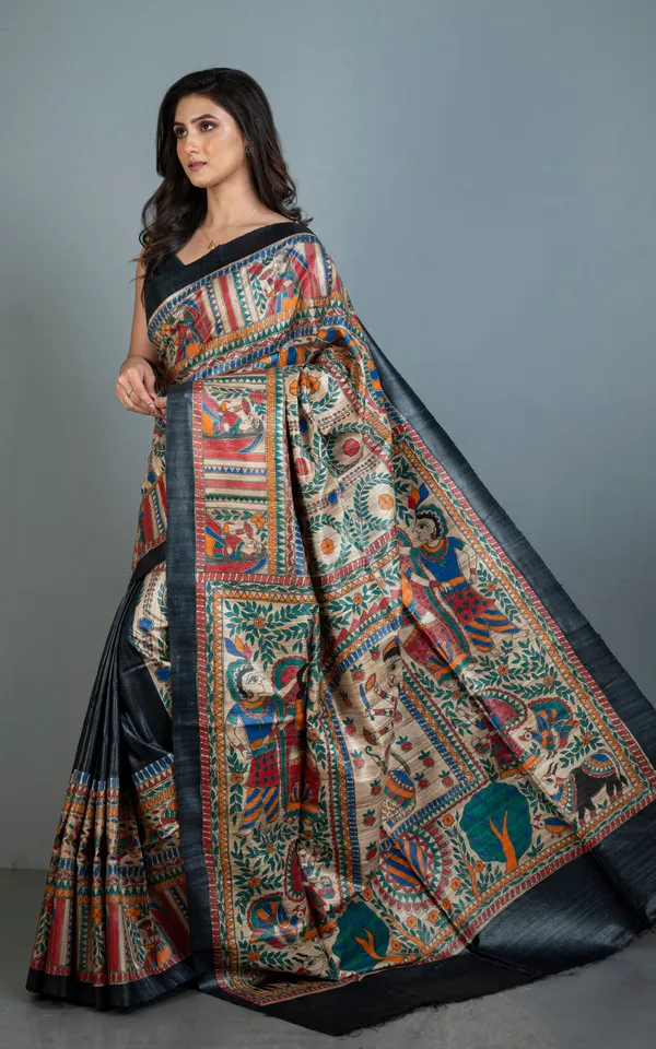 Premium_Quality_Hand_Paint_Madhubani_On_Natural_Ghicha_Tussar_Silk_Saree_In_Black_Natural_Beige_And_Multicolor