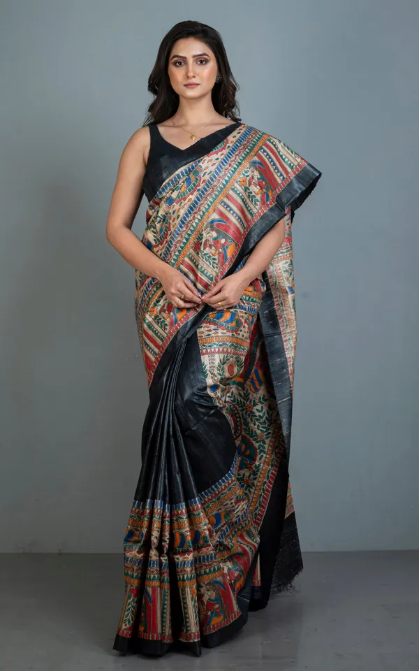 Premium_Quality_Hand_Paint_Madhubani_On_Natural_Ghicha_Tussar_Silk_Saree_In_Black_Natural_Beige_And_Multicolor