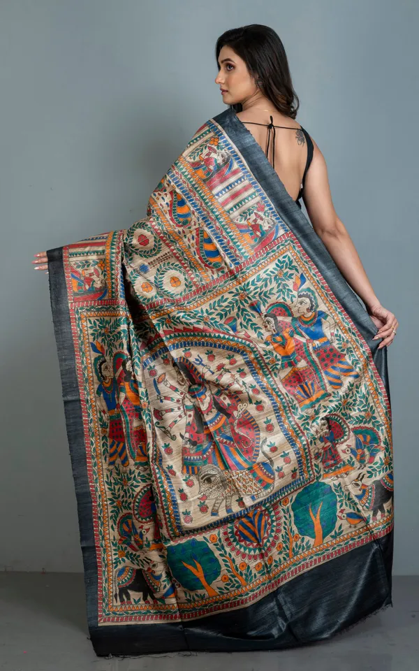 Premium_Quality_Hand_Paint_Madhubani_On_Natural_Ghicha_Tussar_Silk_Saree_In_Black_Natural_Beige_And_Multicolor