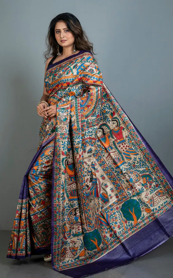 Premium_Quality_Hand_Paint_Madhubani_On_Natural_Ghicha_Tussar_Silk_Saree_In_Purple_Natural_Beige_And_Multicolor