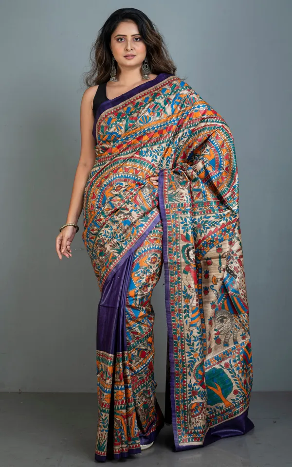 Premium_Quality_Hand_Paint_Madhubani_On_Natural_Ghicha_Tussar_Silk_Saree_In_Purple_Natural_Beige_And_Multicolor