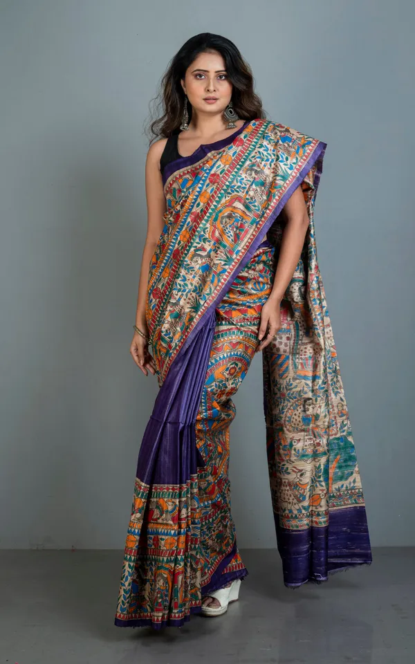 Premium_Quality_Hand_Paint_Madhubani_On_Natural_Ghicha_Tussar_Silk_Saree_In_Purple_Natural_Beige_And_Multicolor