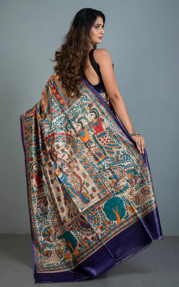Premium_Quality_Hand_Paint_Madhubani_On_Natural_Ghicha_Tussar_Silk_Saree_In_Purple_Natural_Beige_And_Multicolor